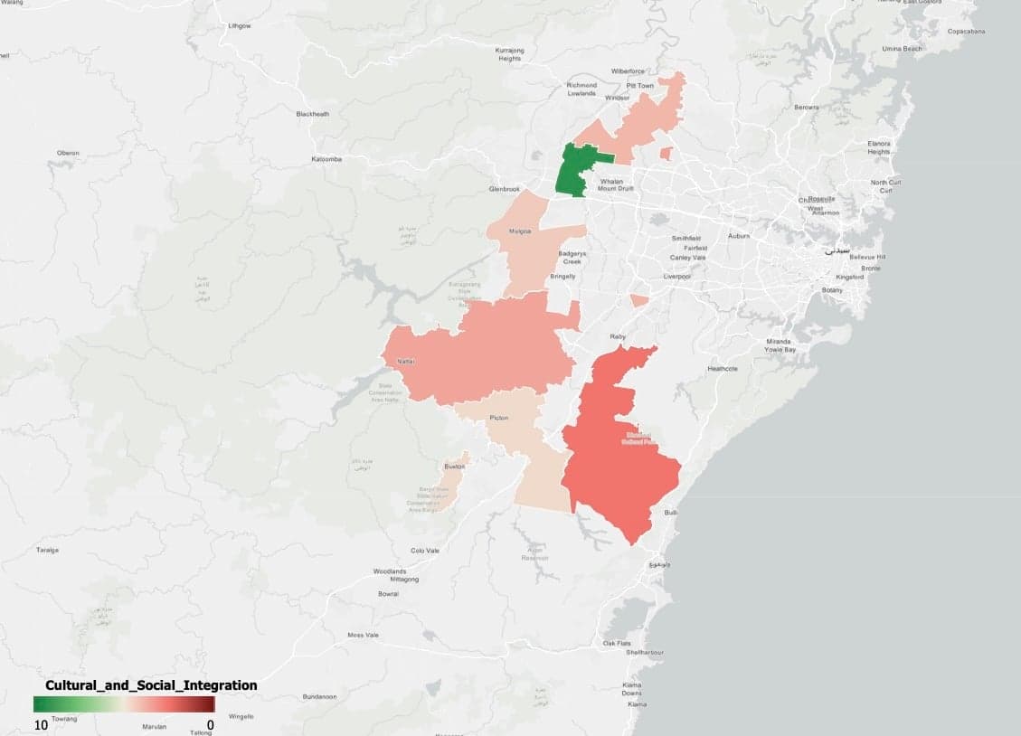 Social and Cultural Integration satisfaction map of Sydney showing sentiment analysis