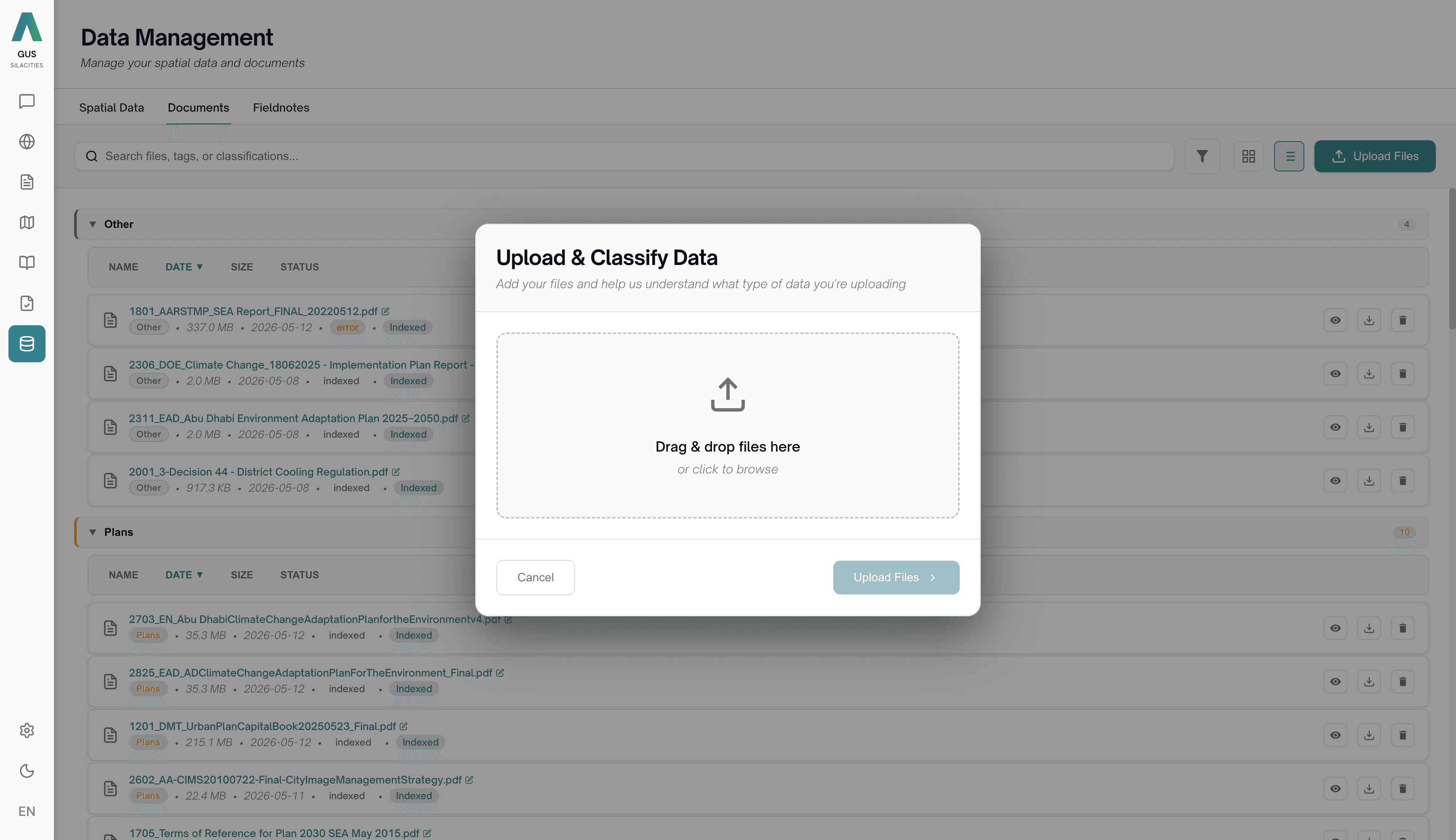 Data Management upload — every dataset tagged and scoped per deployment